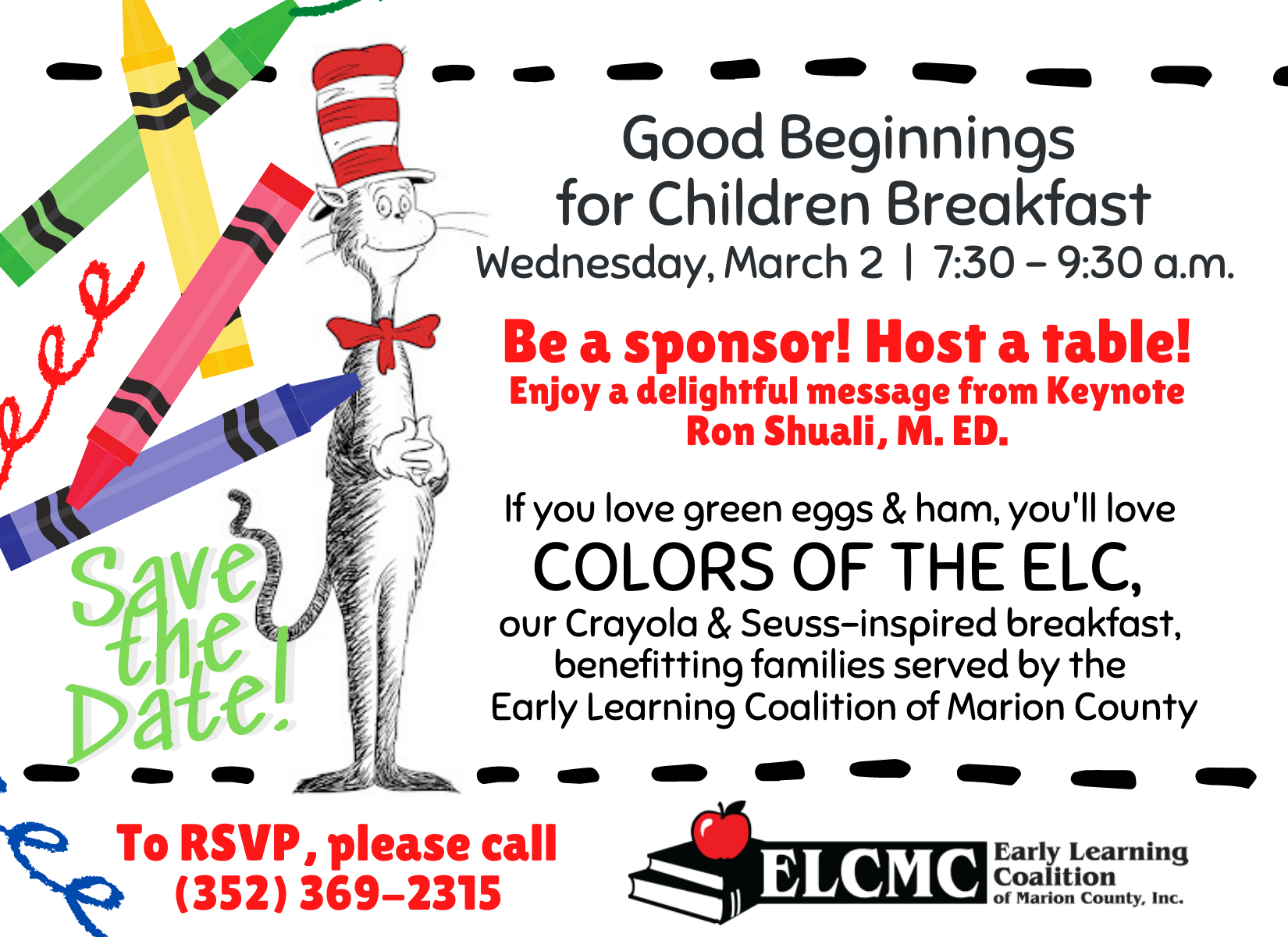 save the date card with breakfast details, crayons and Cat in the Hat Cartoon