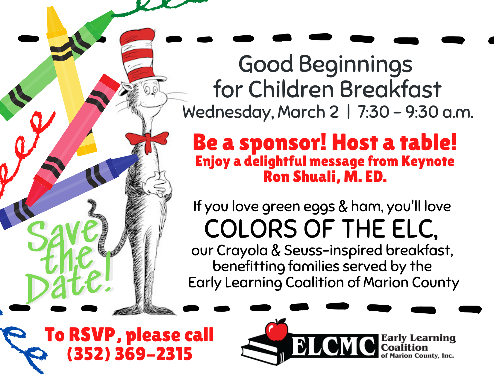 save the date card with breakfast details, crayons and Cat in the Hat Cartoon